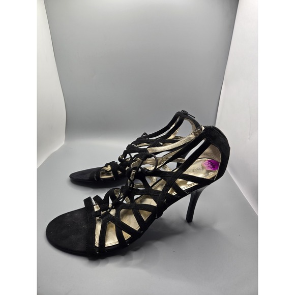 Enzo Angiolini Women's 8.5M Black Suede Strappy Heels Open Toe Zip Back - Picture 2 of 6